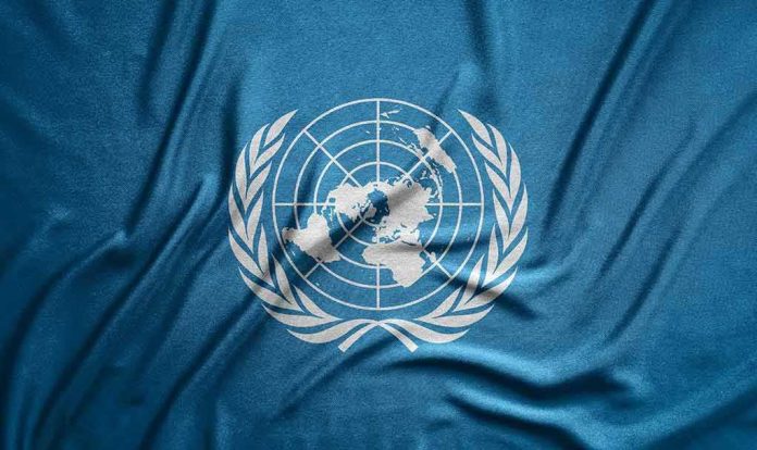 United Nations flag featuring a world map and olive branches on a blue background