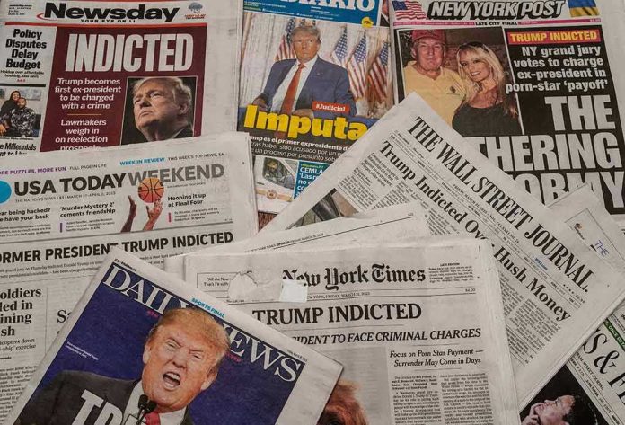 2282847273 Newspaper headlines about Trumps indictment.