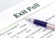 Close-up of an exit poll survey form with a pen