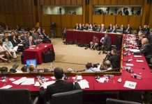 Patrick Leahy and Samuel Alito at a Senate hearing with committee and press present